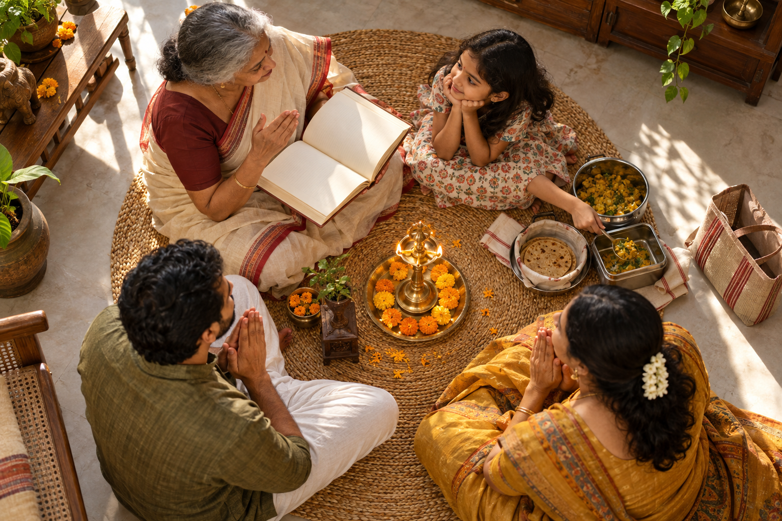 A family gathers on a woven mat to read, pray and prepare a container of food for someone in need.