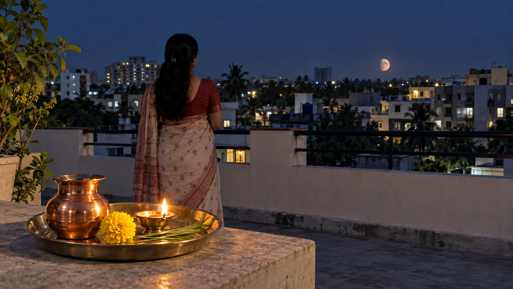 A devotee watches a waning gibbous moon rise above neighborhood rooftops beside a puja tray with a lota, flower and diya.