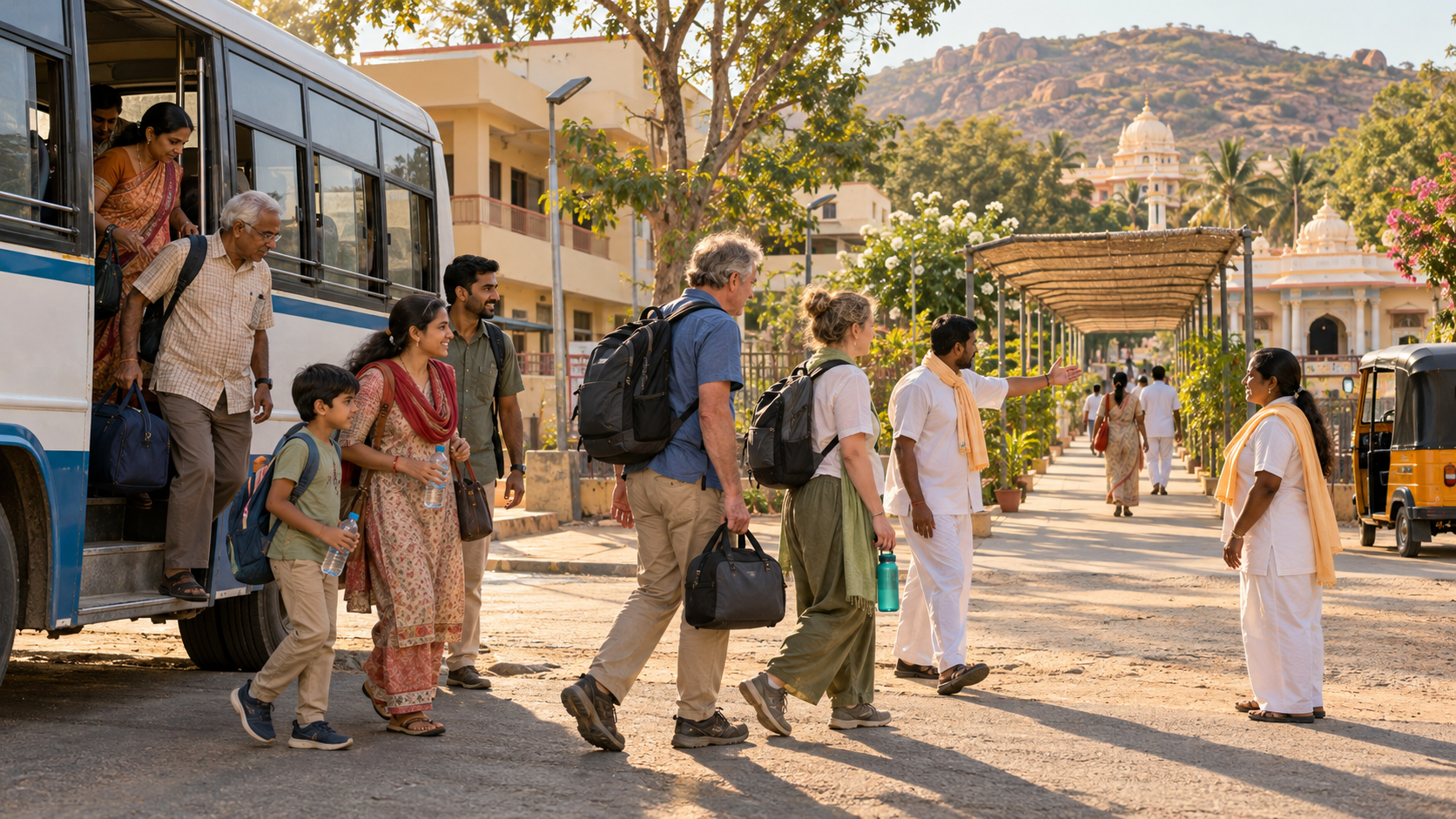 Travelers with small bags arrive by bus in Puttaparthi as volunteers direct them toward the ashram area.
