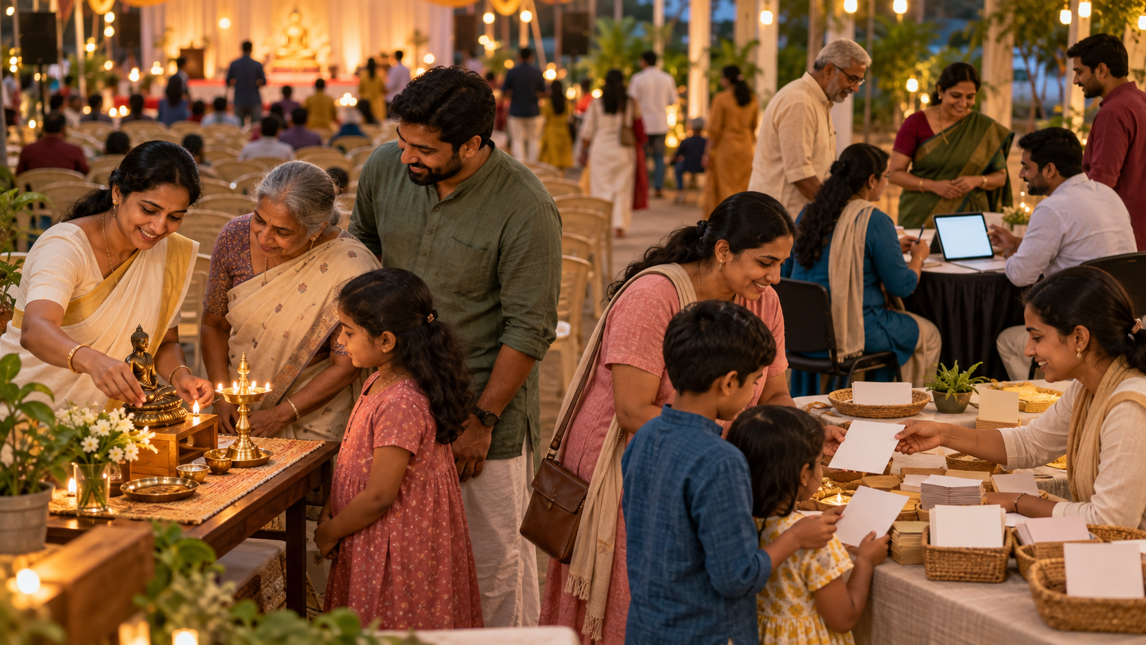 Families leave the seating area of a festival programme to join volunteers at prayer, learning and follow-up activity tables.