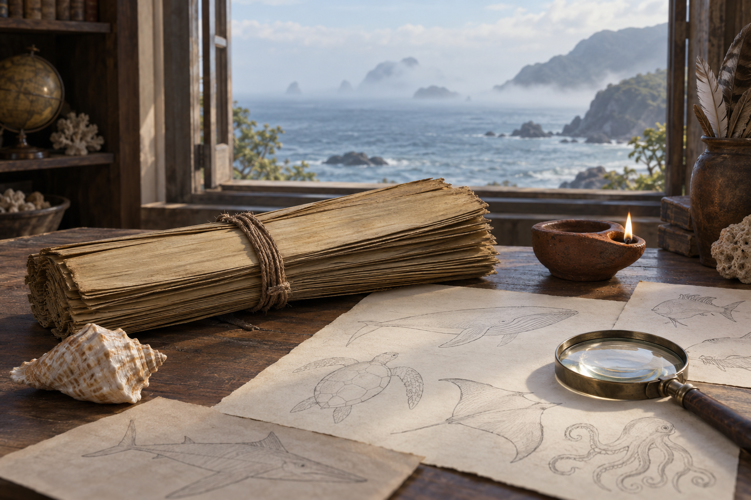 Palm-leaf bundle, shell, lamp, lens, and incomplete animal sketches on a table overlooking a misty ocean.