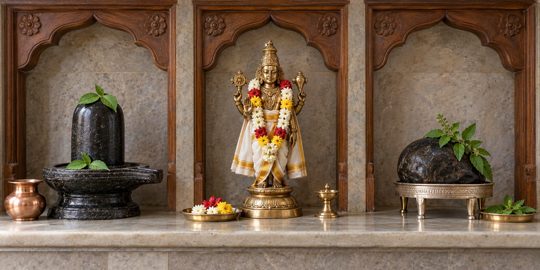 Three separate shrine niches show a Shiva lingam with bilva leaves, a dressed brass murti, and a sacred stone with tulsi leaves.