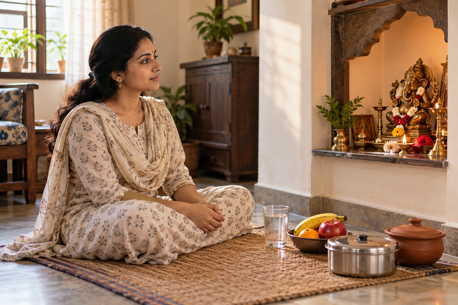 A devotee sits quietly near a home prayer niche with water, fruit and a covered simple meal set nearby.