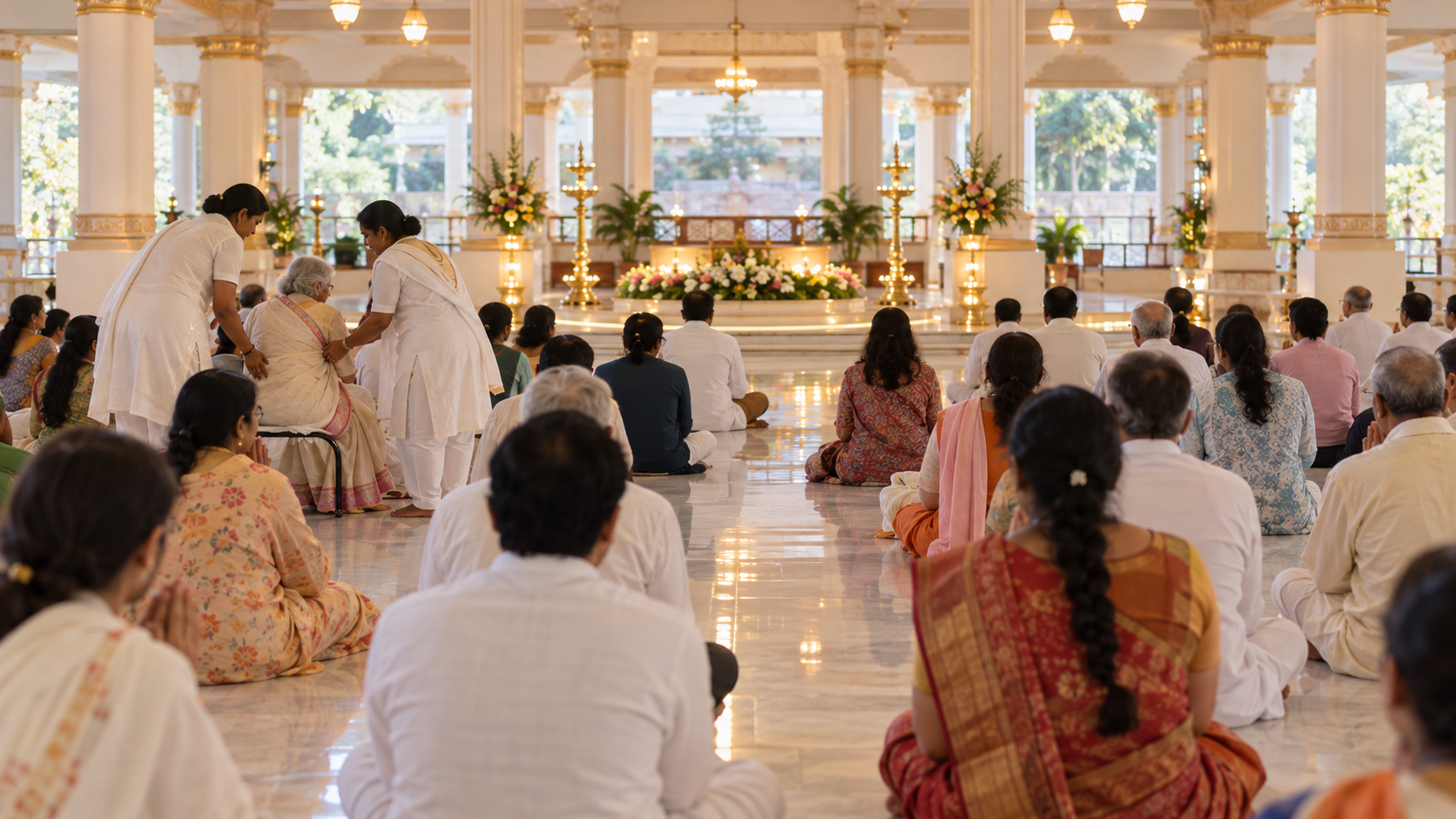 Pilgrims sit quietly in orderly rows during a devotional gathering in a spacious prayer hall.