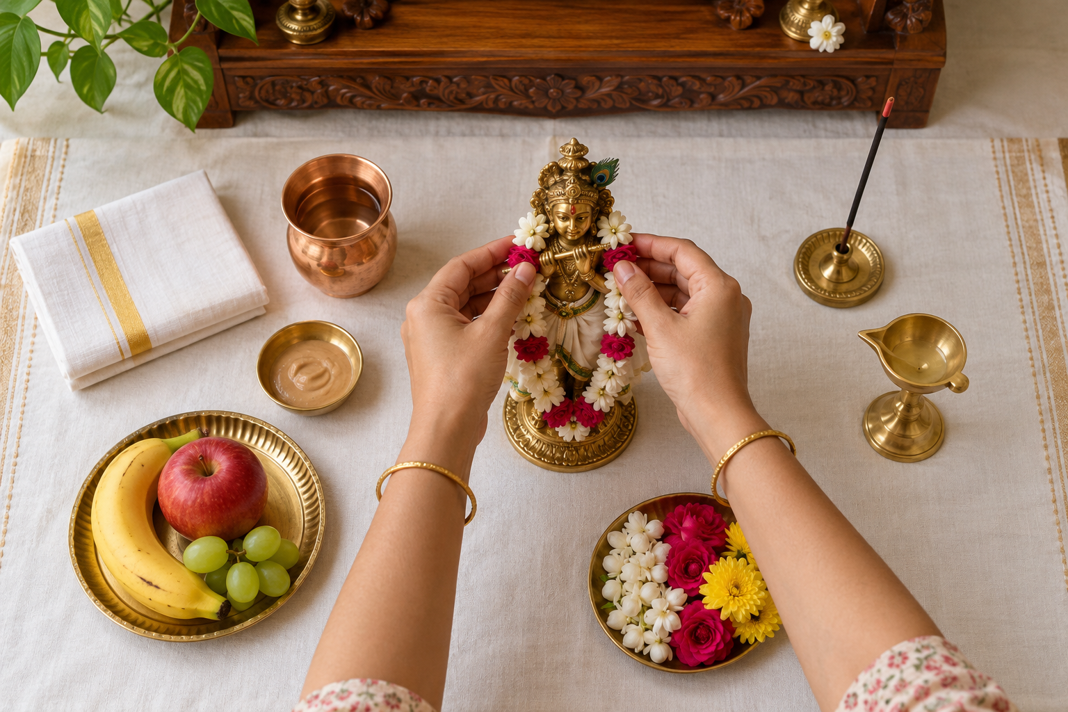 An overhead view shows hands lifting a flower garland beside a small brass deity and neatly arranged home puja offerings.