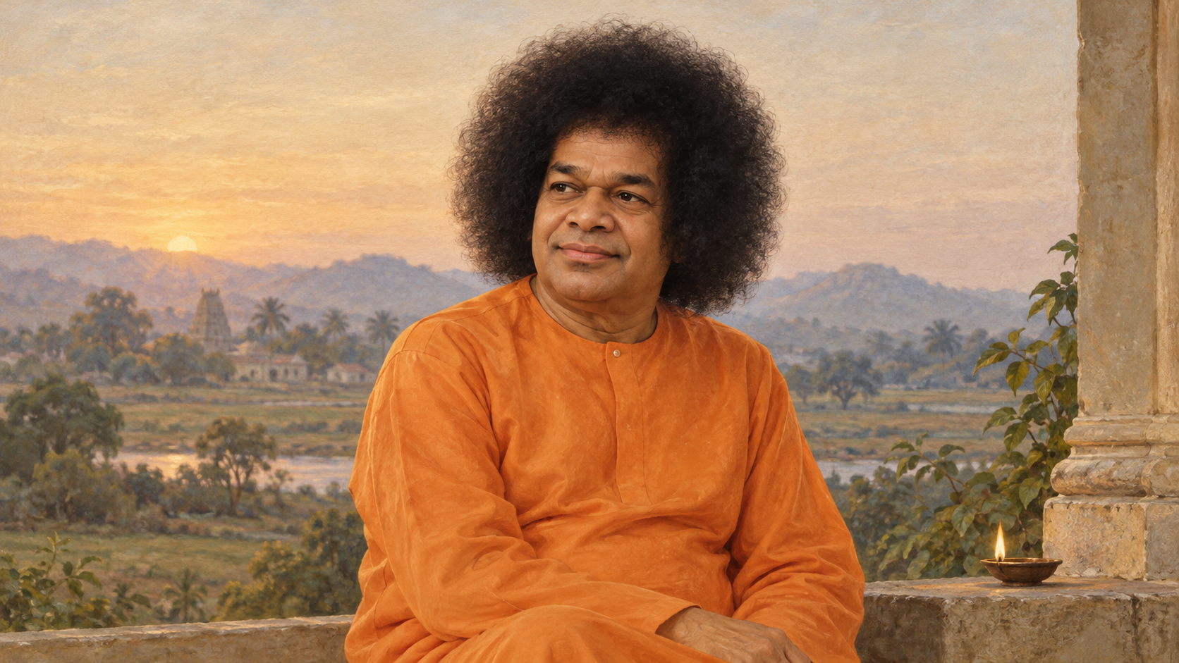 Editorial illustration of Sathya Sai Baba wearing a saffron-orange robe against a softly lit Andhra Pradesh setting.