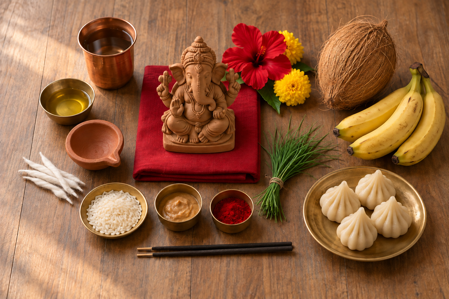 A simple Ganesha puja arrangement includes a clay murti, diya, water, durva grass, flowers, rice, coconut, bananas and modaks.