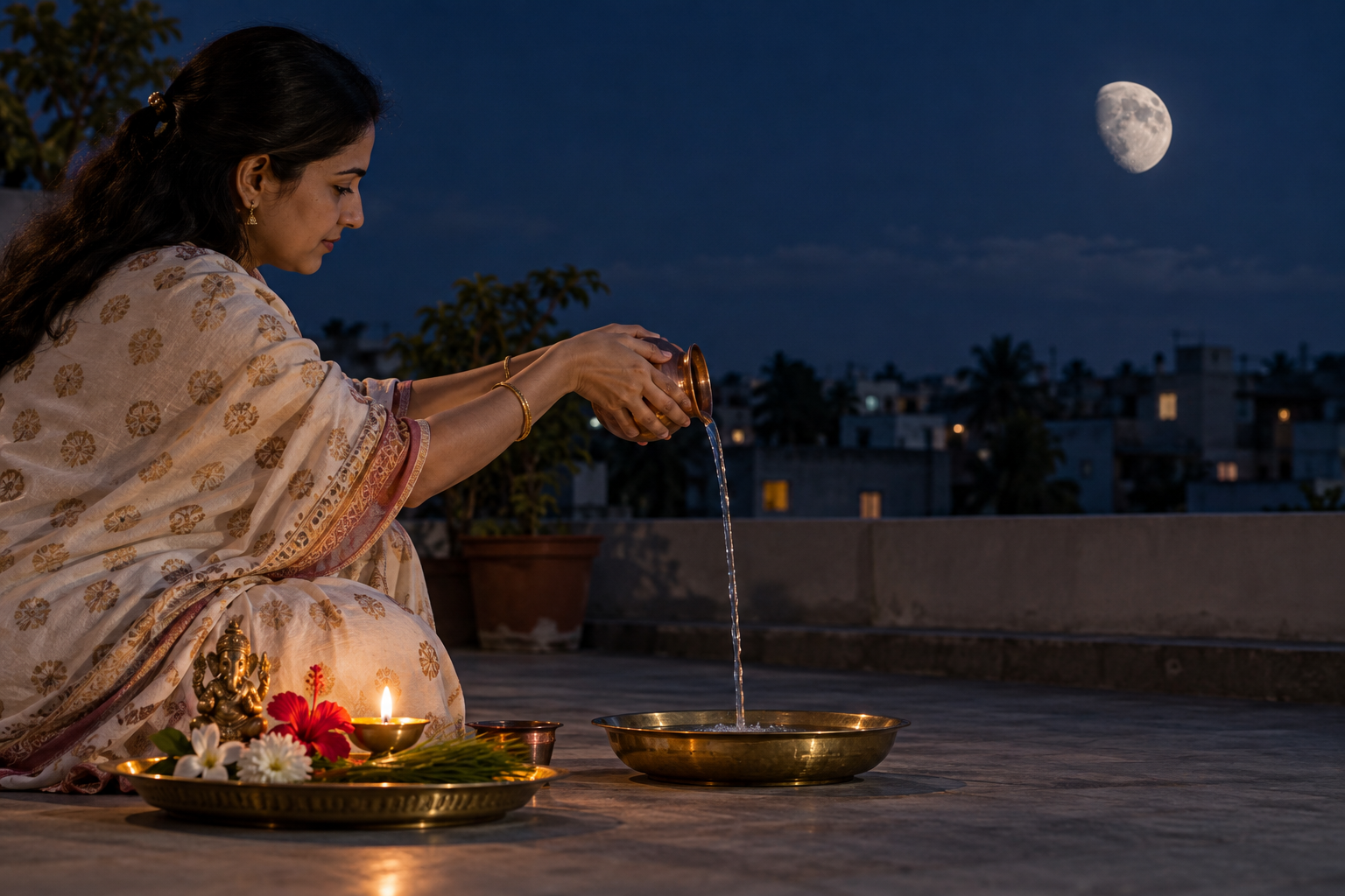 A devotee pours water from a copper lota toward the moon beside a small puja tray and glowing diya on a terrace.