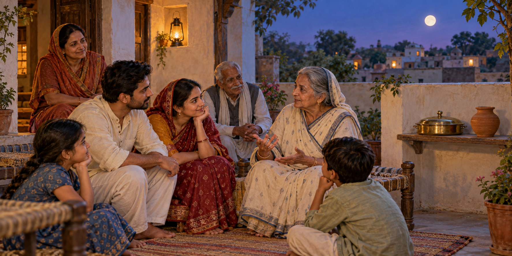 A multigenerational family discusses a local custom in a North Indian village courtyard while an unused earthen vessel and covered brass tray rest on a shelf beneath the evening moon.