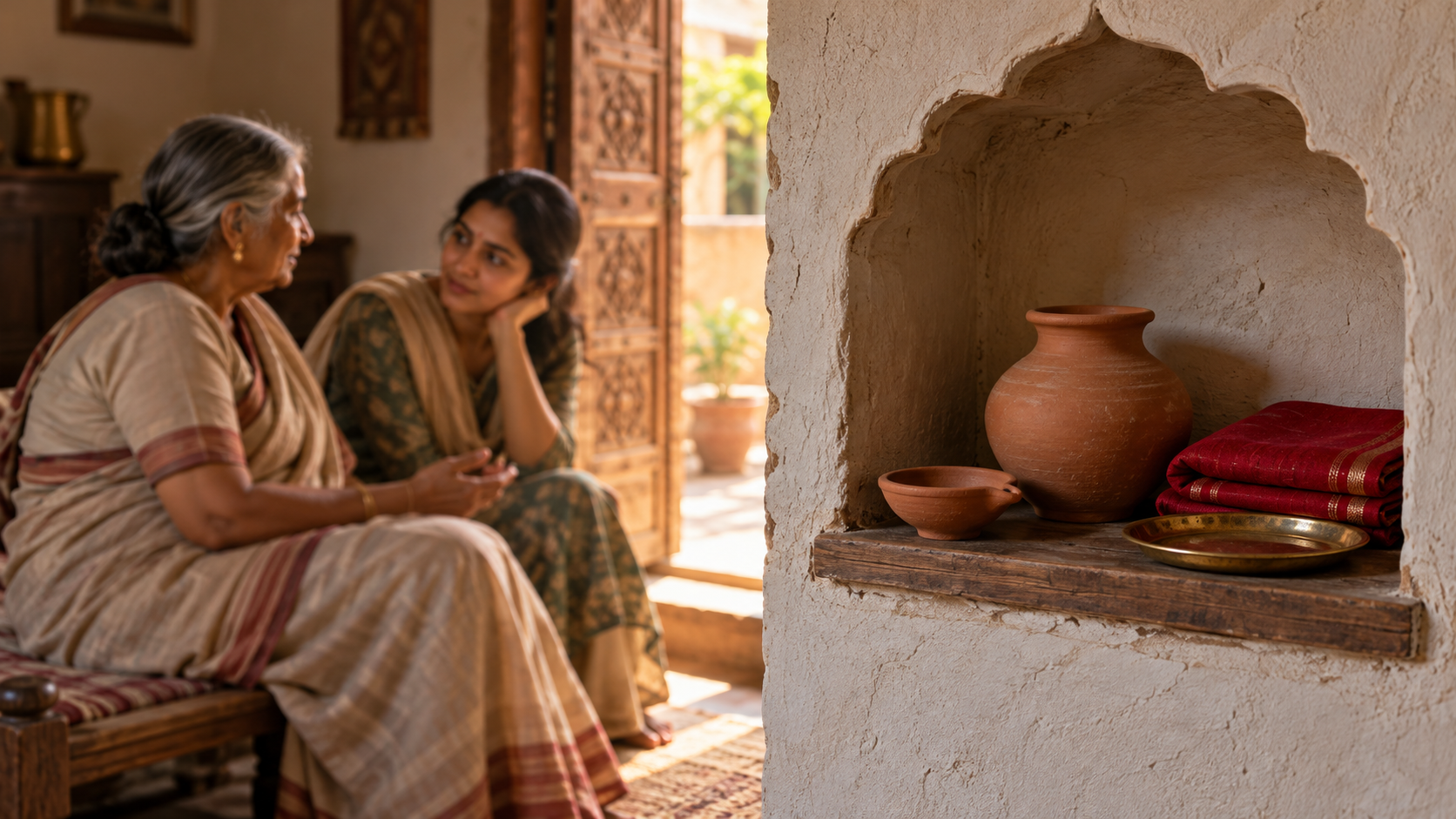 Stored Karva Chauth ritual objects sit unused in a wall niche while two women talk in the background of a village home.