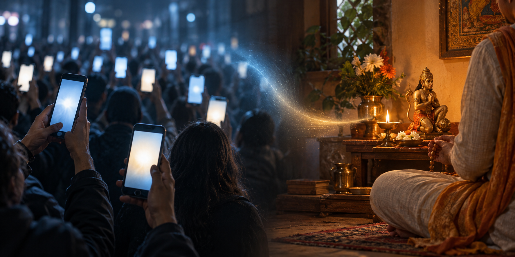 A crowded group viewing glowing phones is contrasted with one person praying quietly at a home shrine.