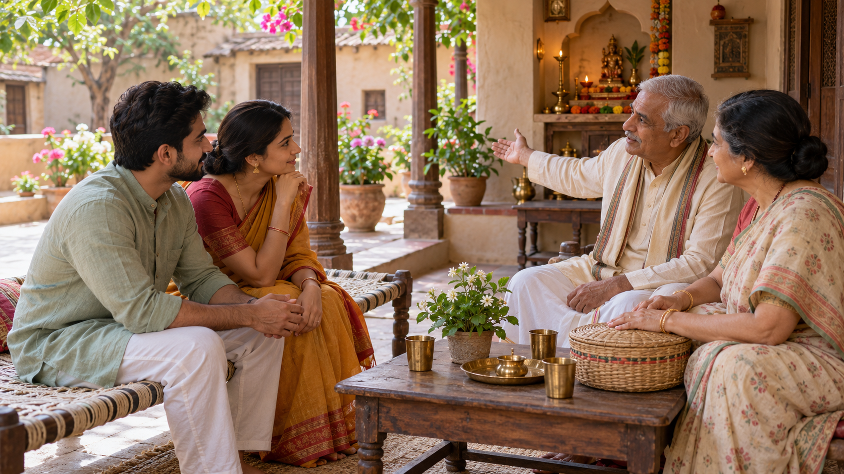 A married couple consults older relatives about household festival customs on the veranda of a North Indian ancestral home.