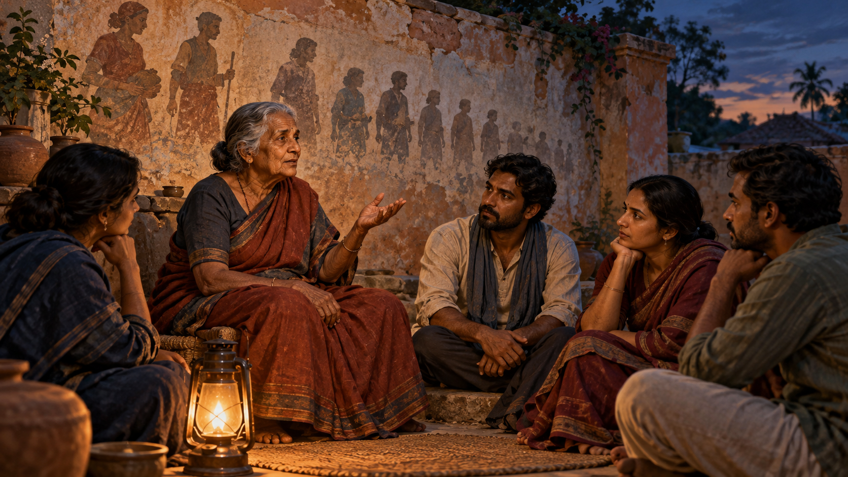 An older woman tells an inherited village story to adult relatives at dusk as faint generational silhouettes blend into the courtyard wall.