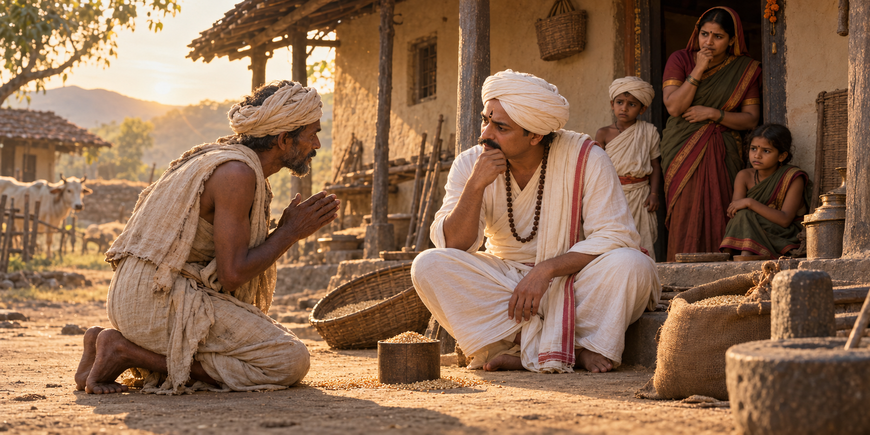 A Varkari poet listens to a poor farmer beside a small measure of grain while the poet's concerned family watches from their home.