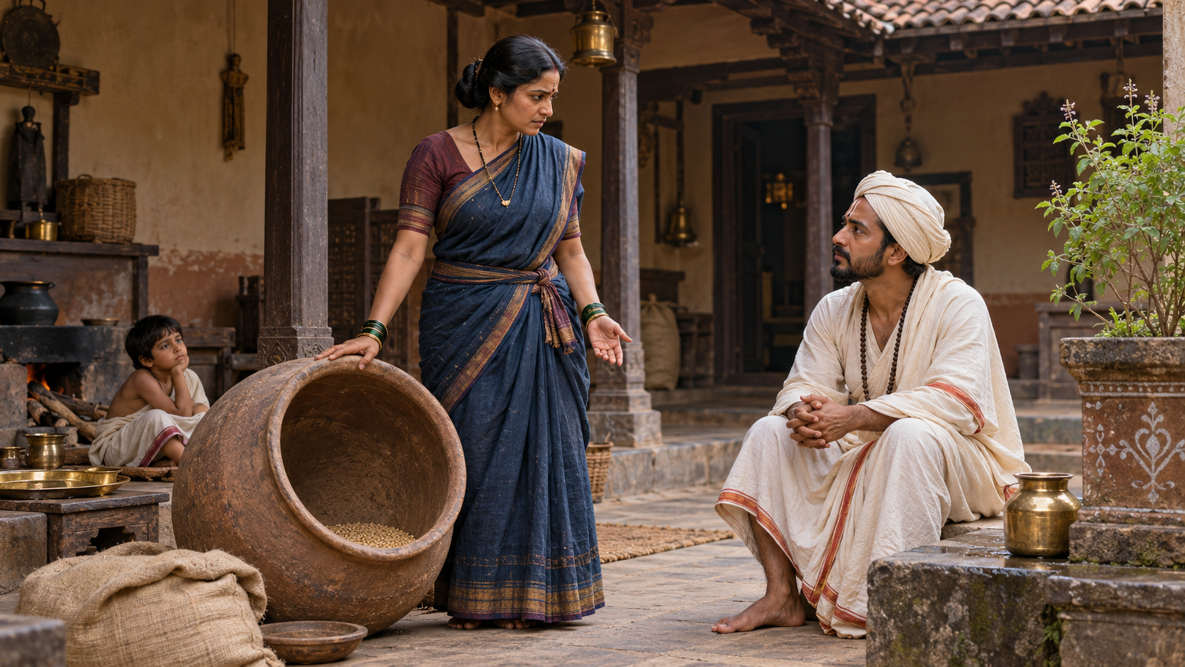 A woman stands beside an almost empty grain jar as her saint-poet husband listens to her in a modest Maharashtrian courtyard.