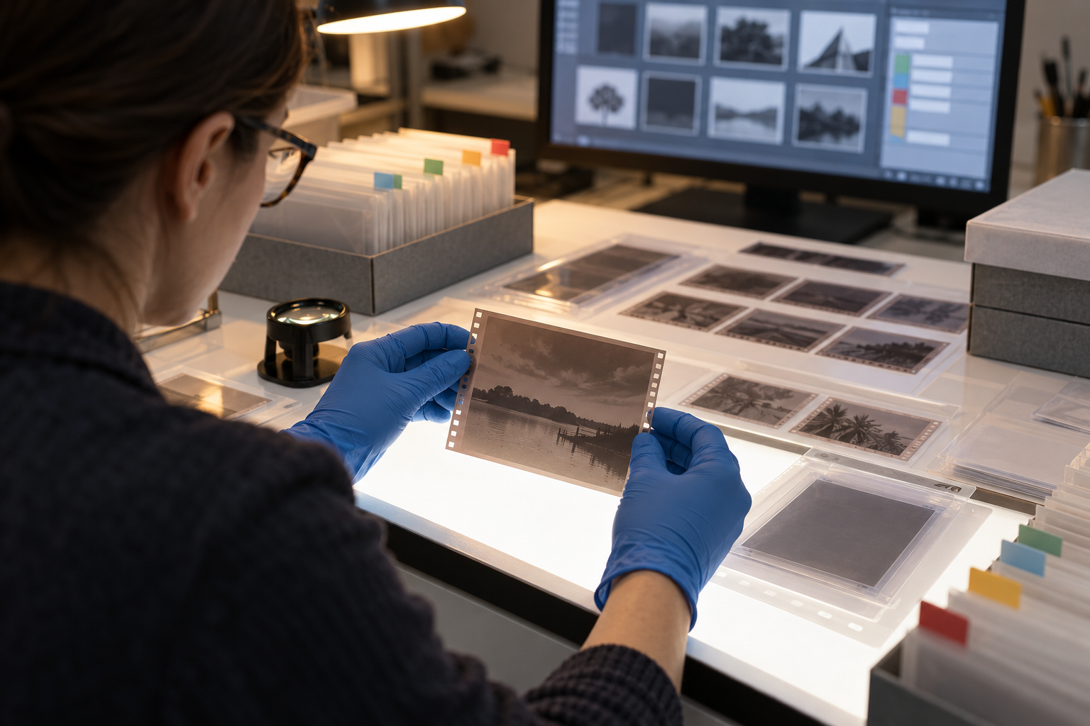 An archivist compares a film negative with matching sleeves and reference prints on an illuminated cataloguing table.