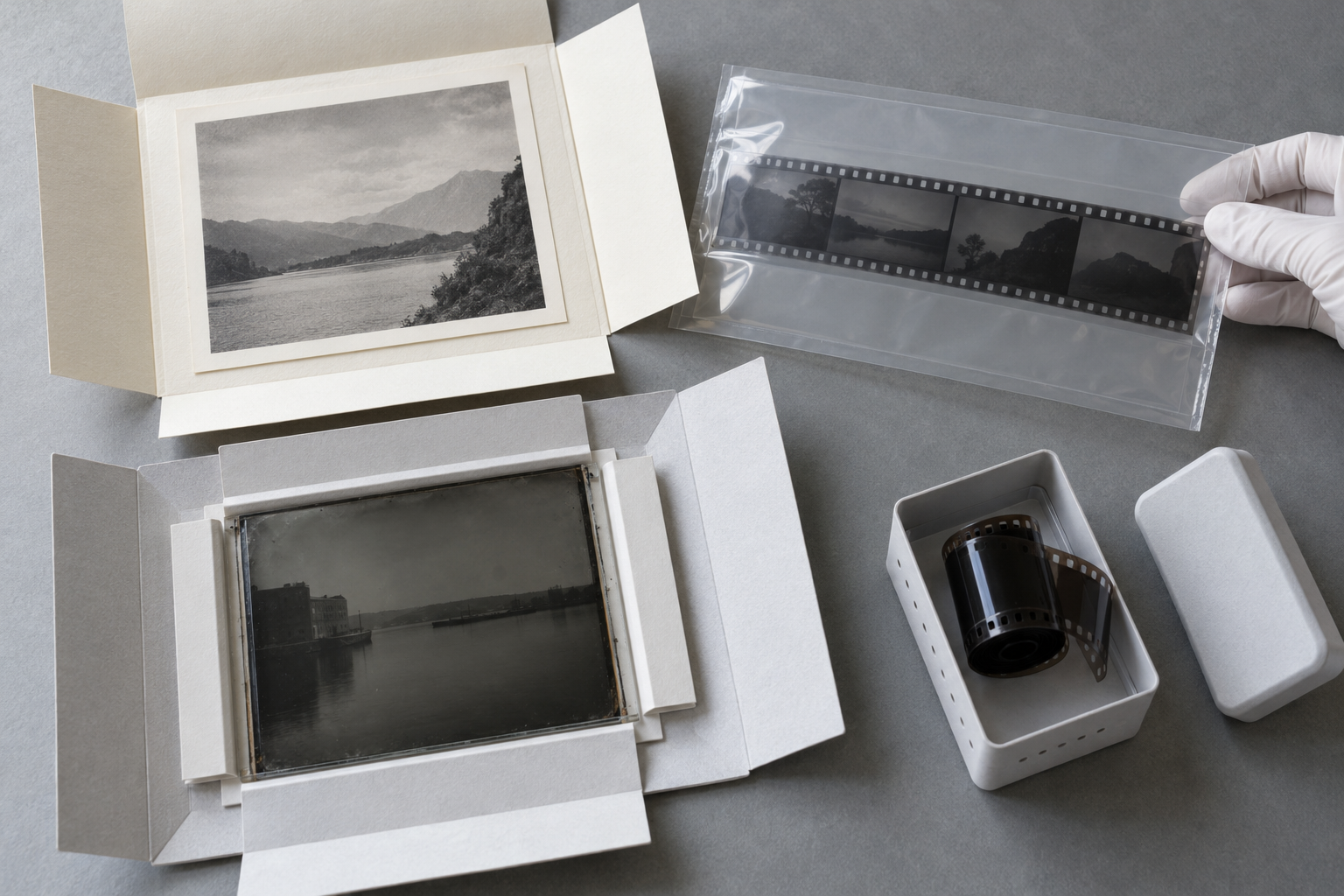 Different photographic materials are protected in fitted archival folders, sleeves, and containers while a gloved hand supports a negative by its edges.