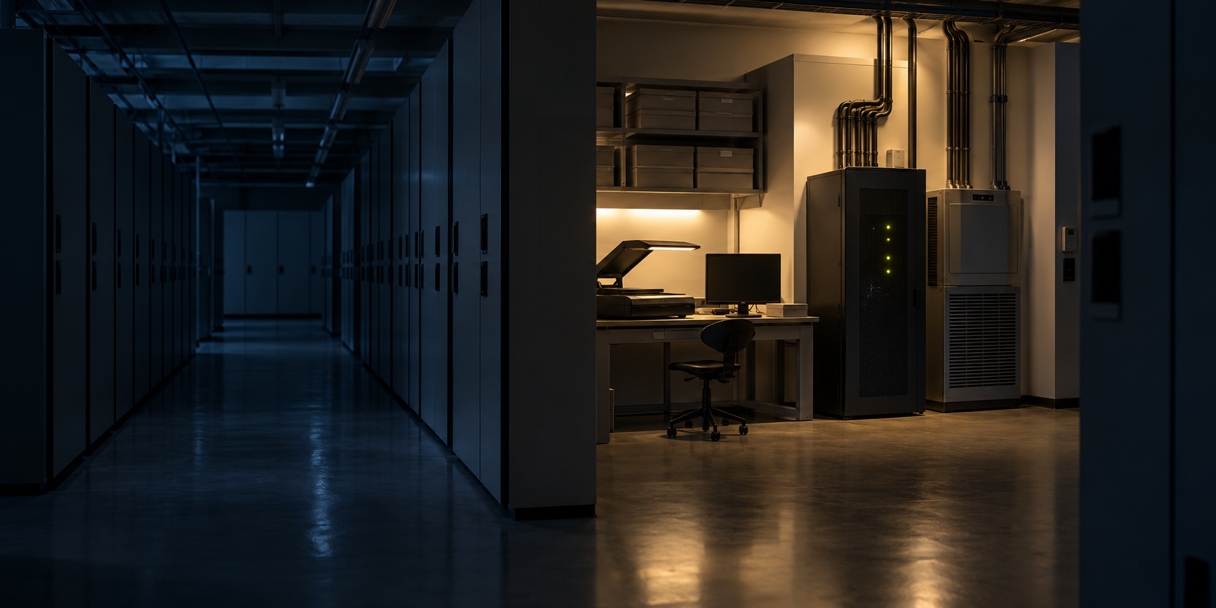 A battery backup keeps lights and preservation equipment operating beside closed archival cabinets during a power outage.
