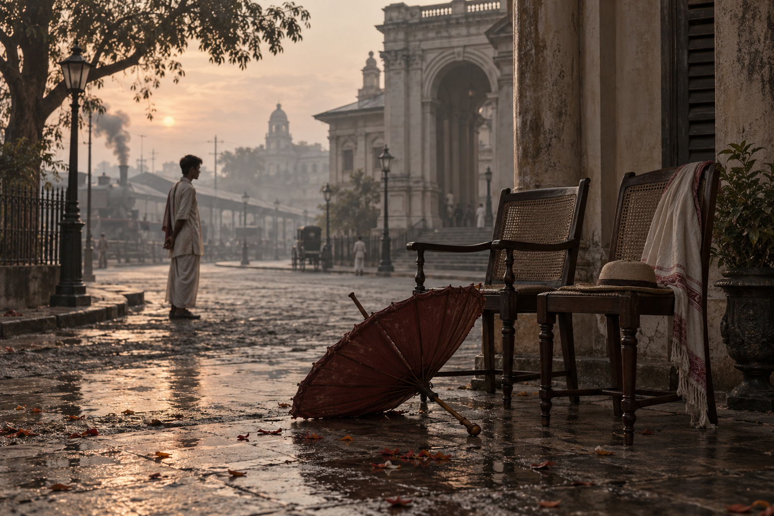 A young man in early twentieth-century Bengali clothing stands near a colonial courthouse, while two empty chairs and a fallen parasol occupy the foreground.