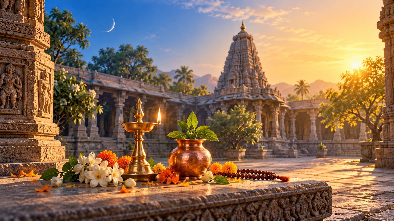Brass puja objects and flowers in a temple courtyard as cool morning light changes to warm midday light beneath a fading crescent moon.