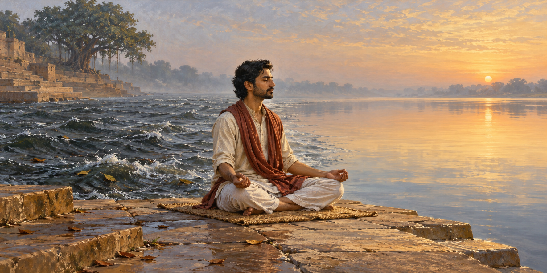 A person meditates beside a river that changes from turbulent water behind them to calm water ahead at dawn.