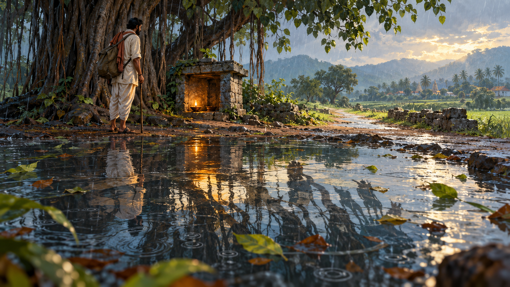 A traveler under a banyan tree looks across layered rain reflections toward a sheltered clay lamp on a clear path.