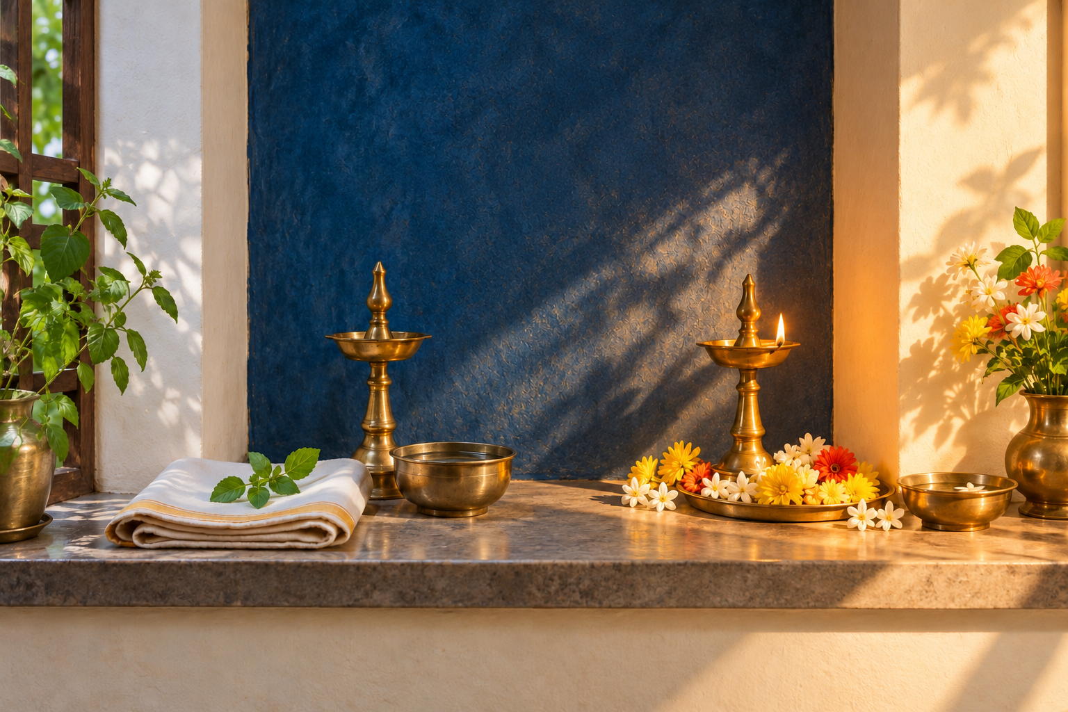 The same home puja alcove shown in cooler morning light and warmer afternoon light, with ritual objects arranged differently across the day.
