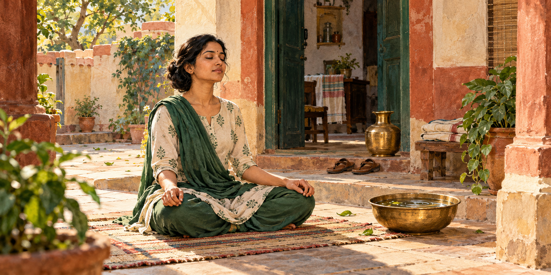 A woman meditates in a quiet courtyard beside a bowl of water with ripples settling on its surface.