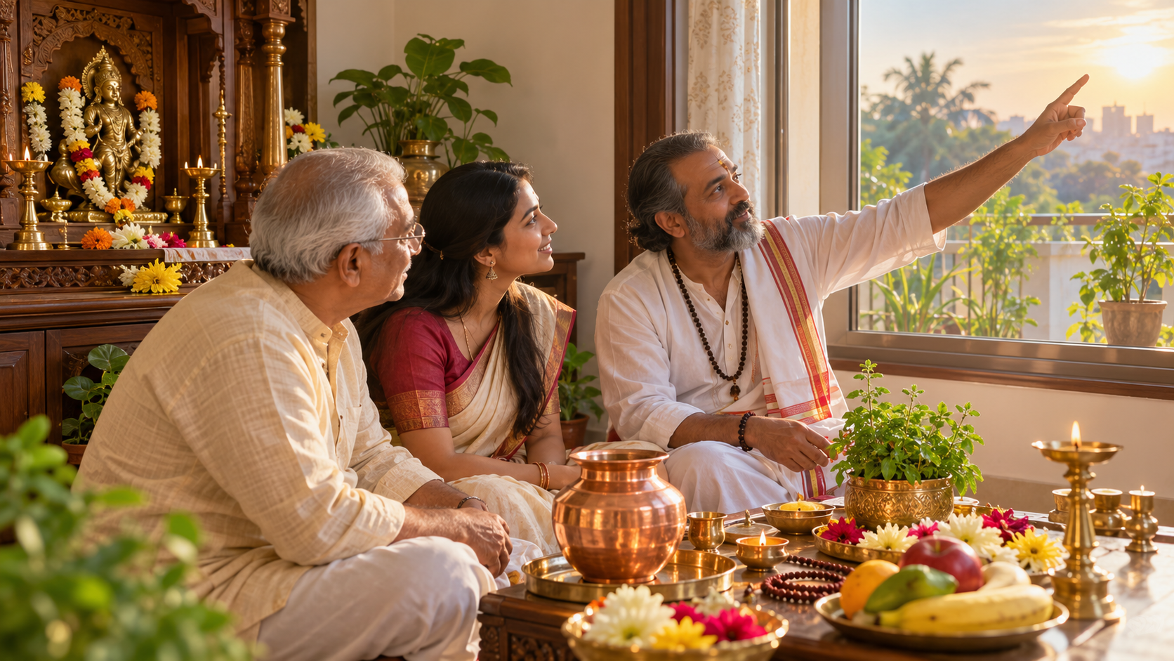 A Hindu family and an elder prepare puja offerings together in a home prayer space while considering the time of day.
