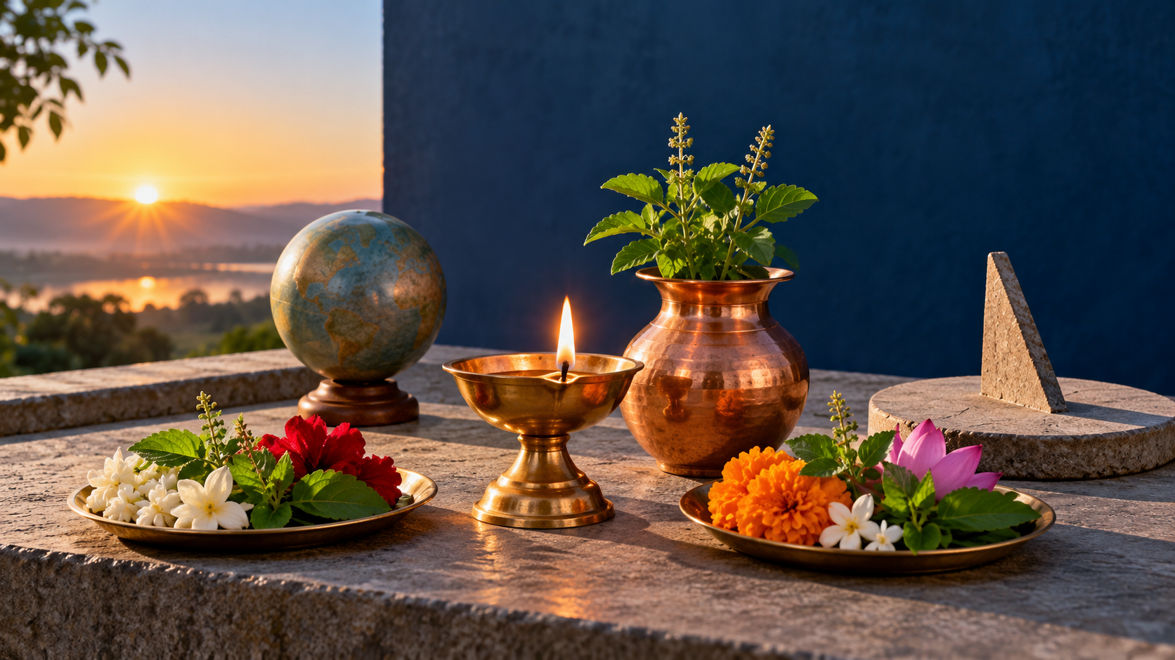 A brass lamp and copper vessel surrounded by an unlabeled globe, a sunrise motif, a shadow marker, flowers, and tulsi leaves.
