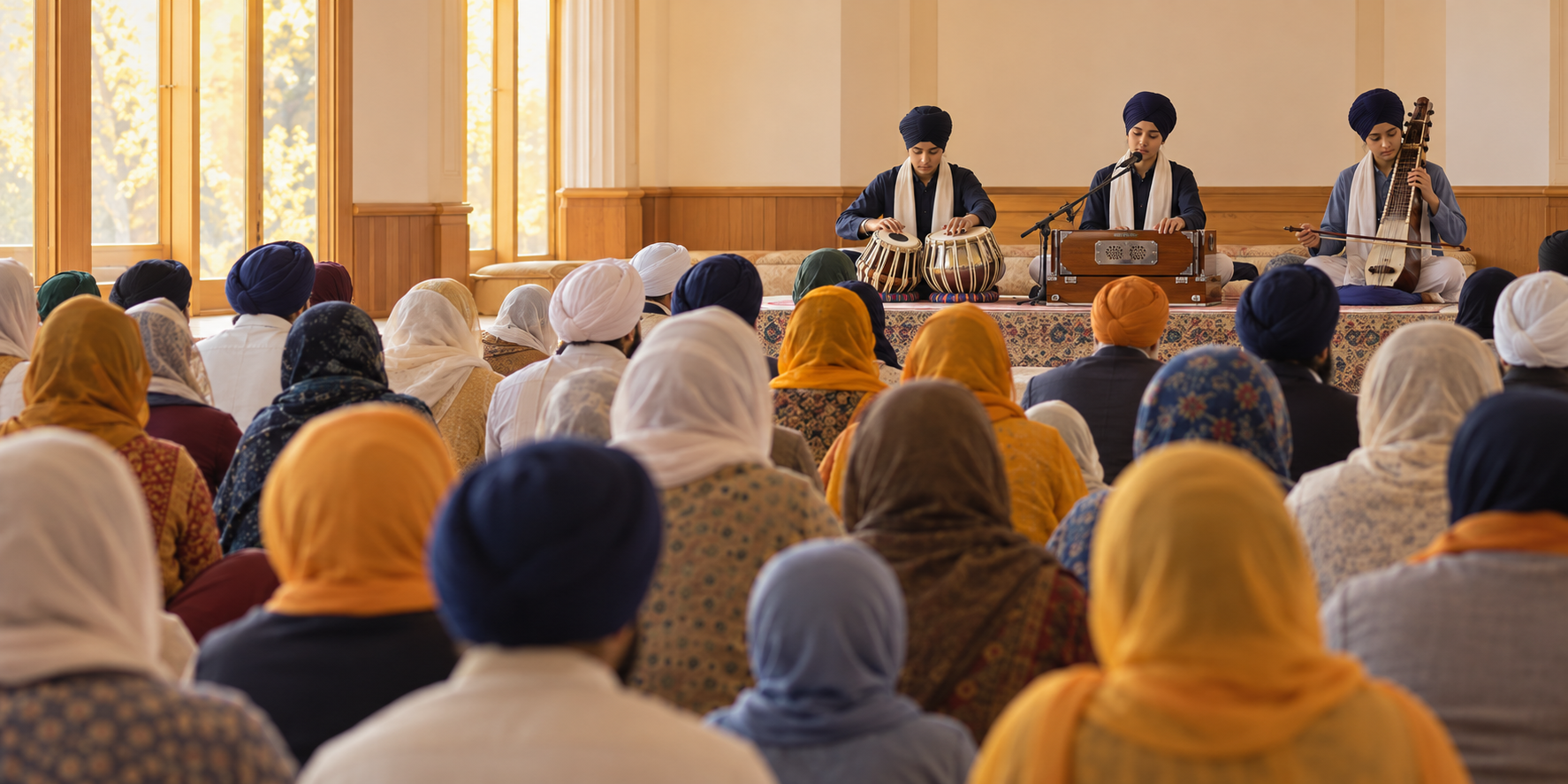 A seated congregation listens to teenage Sikh musicians performing with harmonium, tabla, and dilruba in a gurdwara hall.