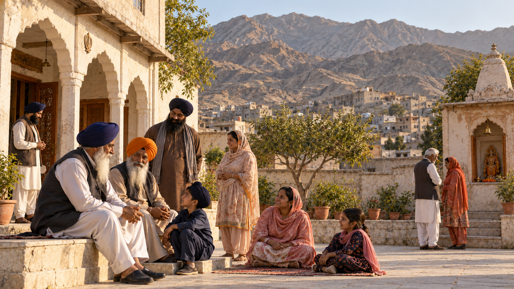 Sikh and Hindu community members of different generations gather in a sunlit courtyard with Quetta's dry mountains in the distance.