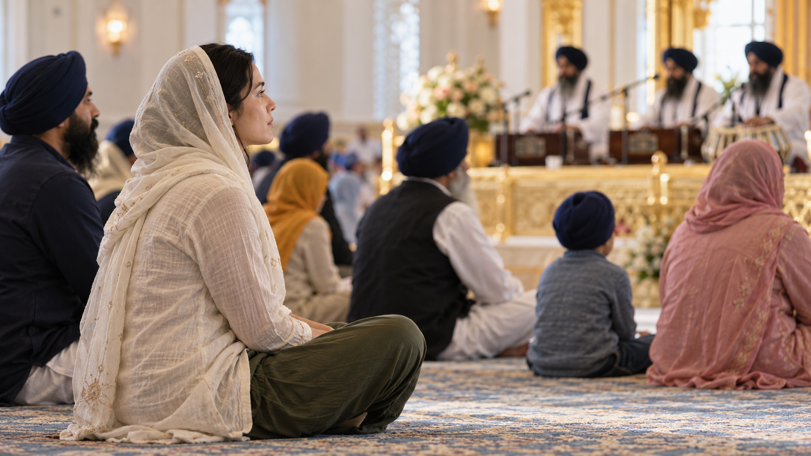 A head-covered attendee sits cross-legged and listens quietly among other members of the congregation in a gurdwara hall.