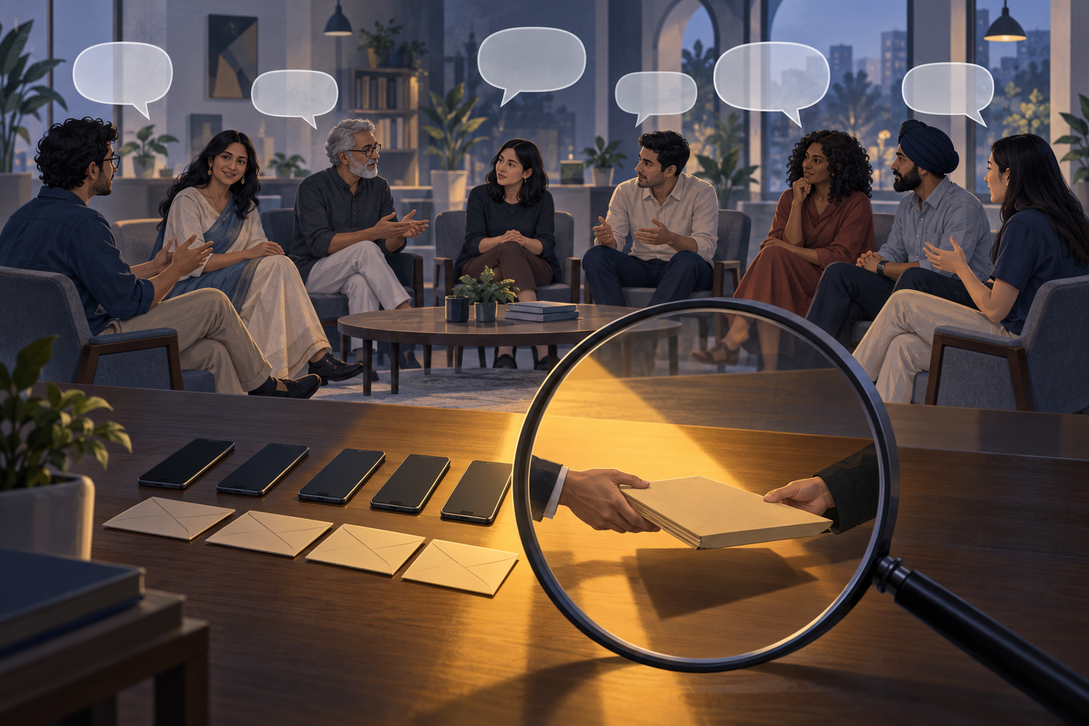 Empty speech forms float above a community discussion while a magnifying glass highlights coordinated actions involving phones, invitations and a sealed folder.