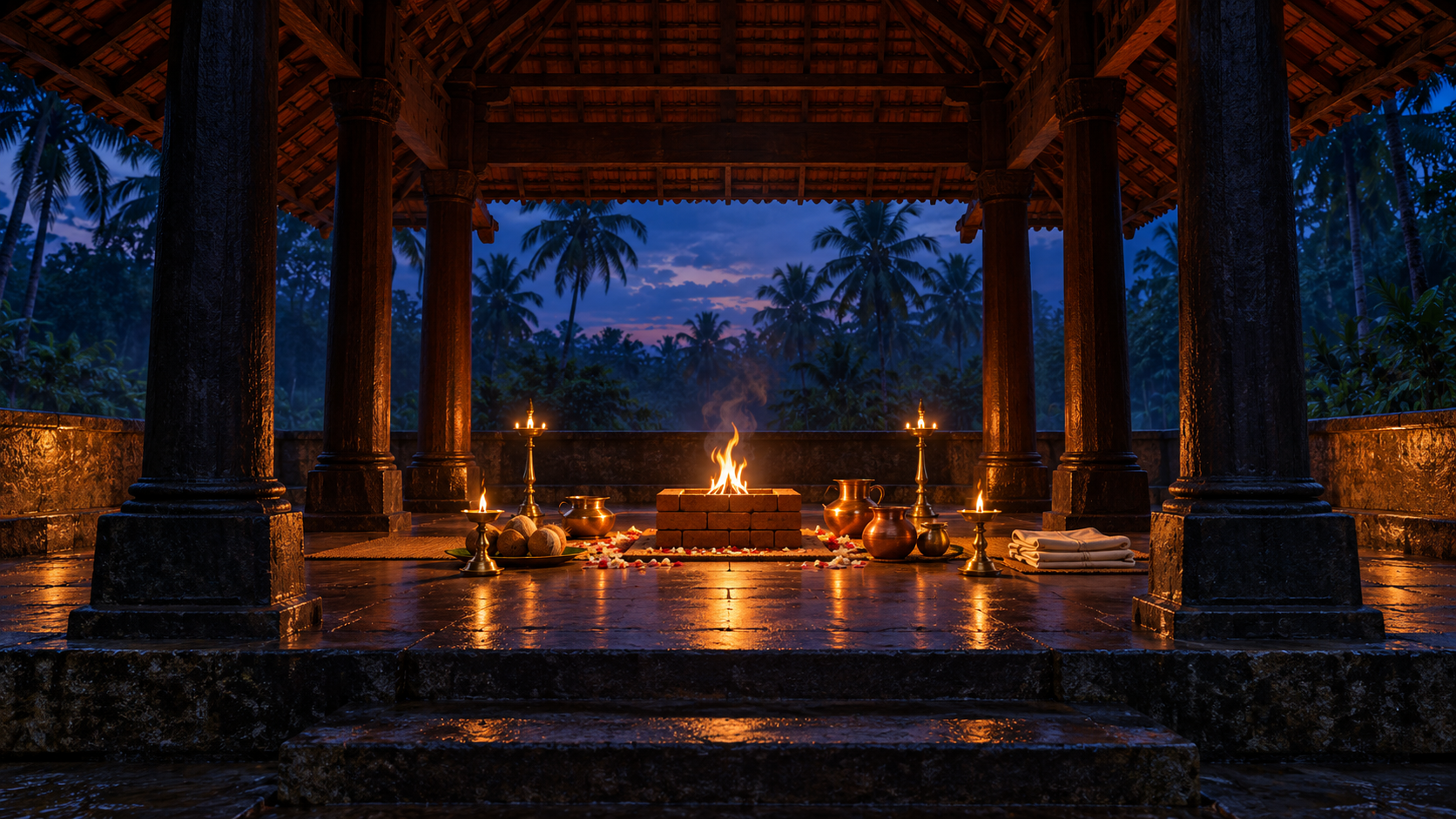 A small controlled fire burns in a square brick altar inside a traditional Kerala pavilion with brass lamps, copper vessels, flowers, coconuts, and timber columns at dusk.