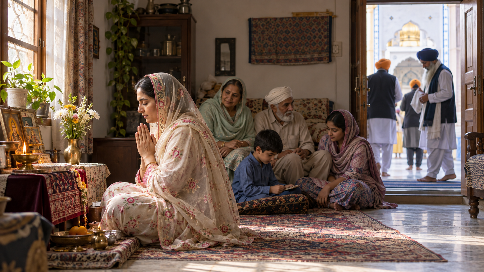 A woman prays in a Quetta home while relatives gather nearby and Sikh worshippers approach a separate prayer hall in the background.
