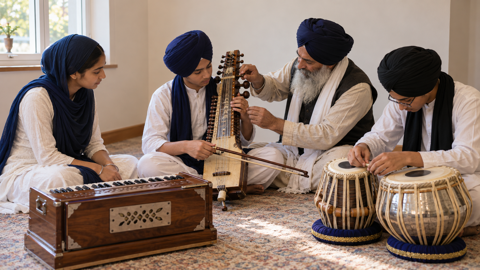 An older Sikh musician helps a teenage performer tune a dilruba while two other young musicians prepare a harmonium and tabla.