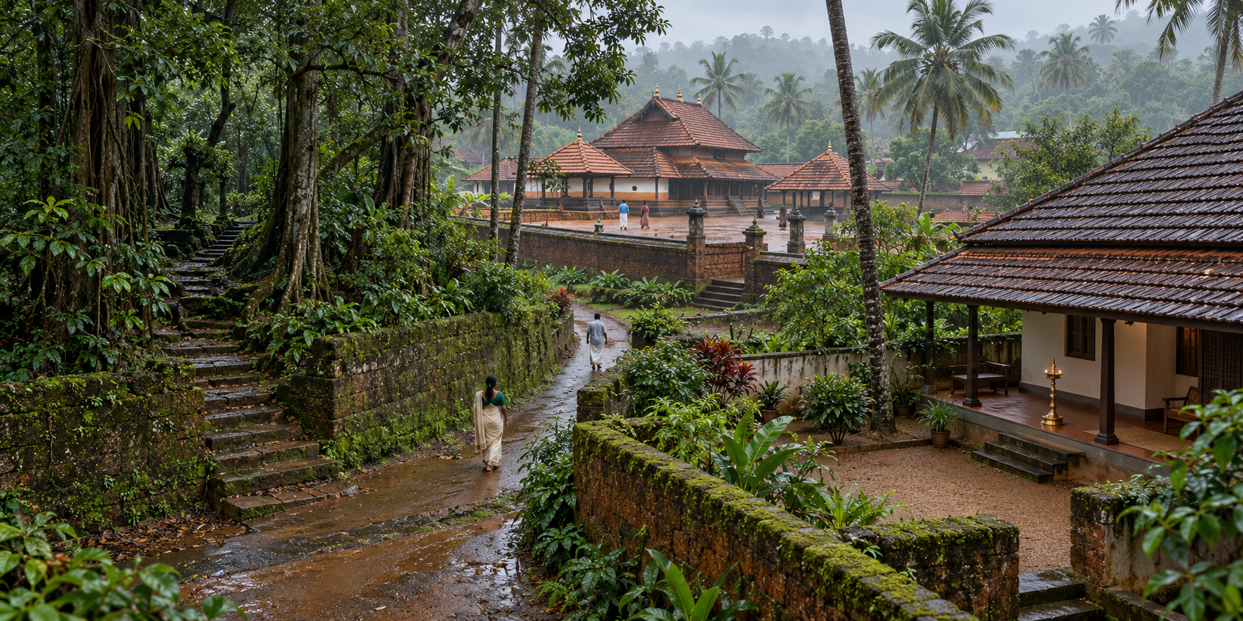 A Kerala landscape contains a tiled-roof temple compound, a wooded sacred grove, and a household courtyard connected by paths among laterite walls and coconut palms.