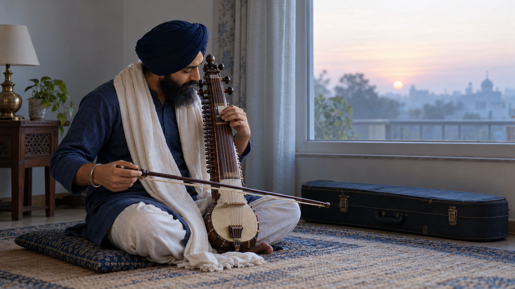 A head-covered Sikh adult practices the dilruba beside a window in a quiet room at dawn.