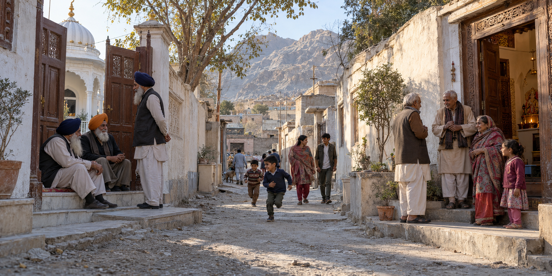 Sikh and Hindu Nanakpanthi neighbors meet in a Quetta lane between modest religious courtyards, with rugged hills beyond the buildings.