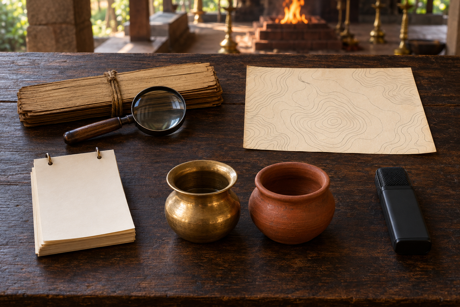Five groups of research objects, including a magnifying glass, blank palm-leaf bundle, abstract map, paper tabs, ritual vessels, and an audio recorder, rest on a wooden table near a blurred fire altar.