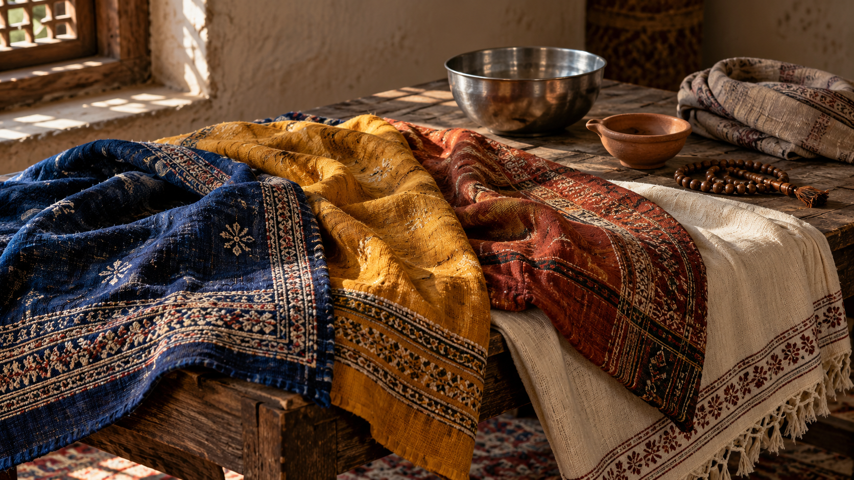 Distinct blue, marigold, rust, and cream textiles overlap on a wooden table beside a bowl, clay lamp, prayer beads, and folded head covering.