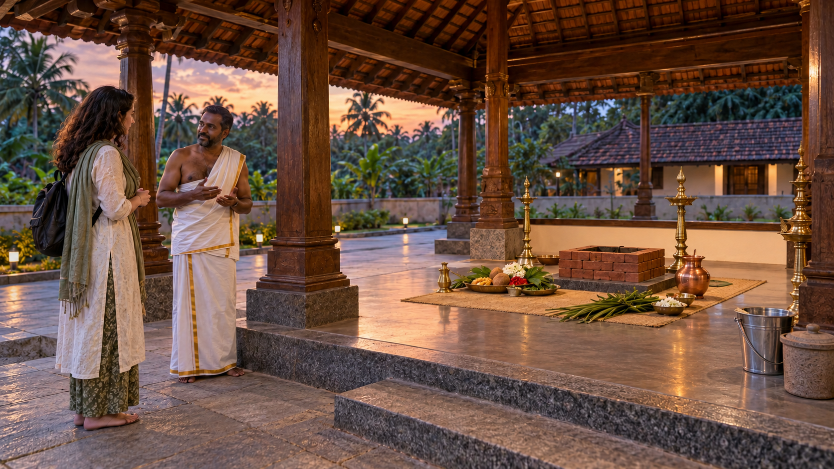 A visitor speaks with an organizer outside a Kerala pavilion containing an unlit brick fire altar, with an open path, water bucket, and sand container nearby.