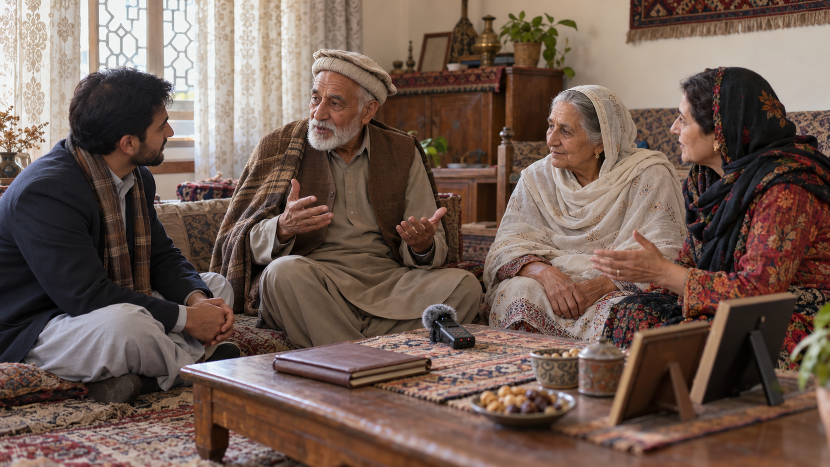 A local researcher listens to two elders during a recorded oral-history conversation in a softly lit Quetta sitting room.