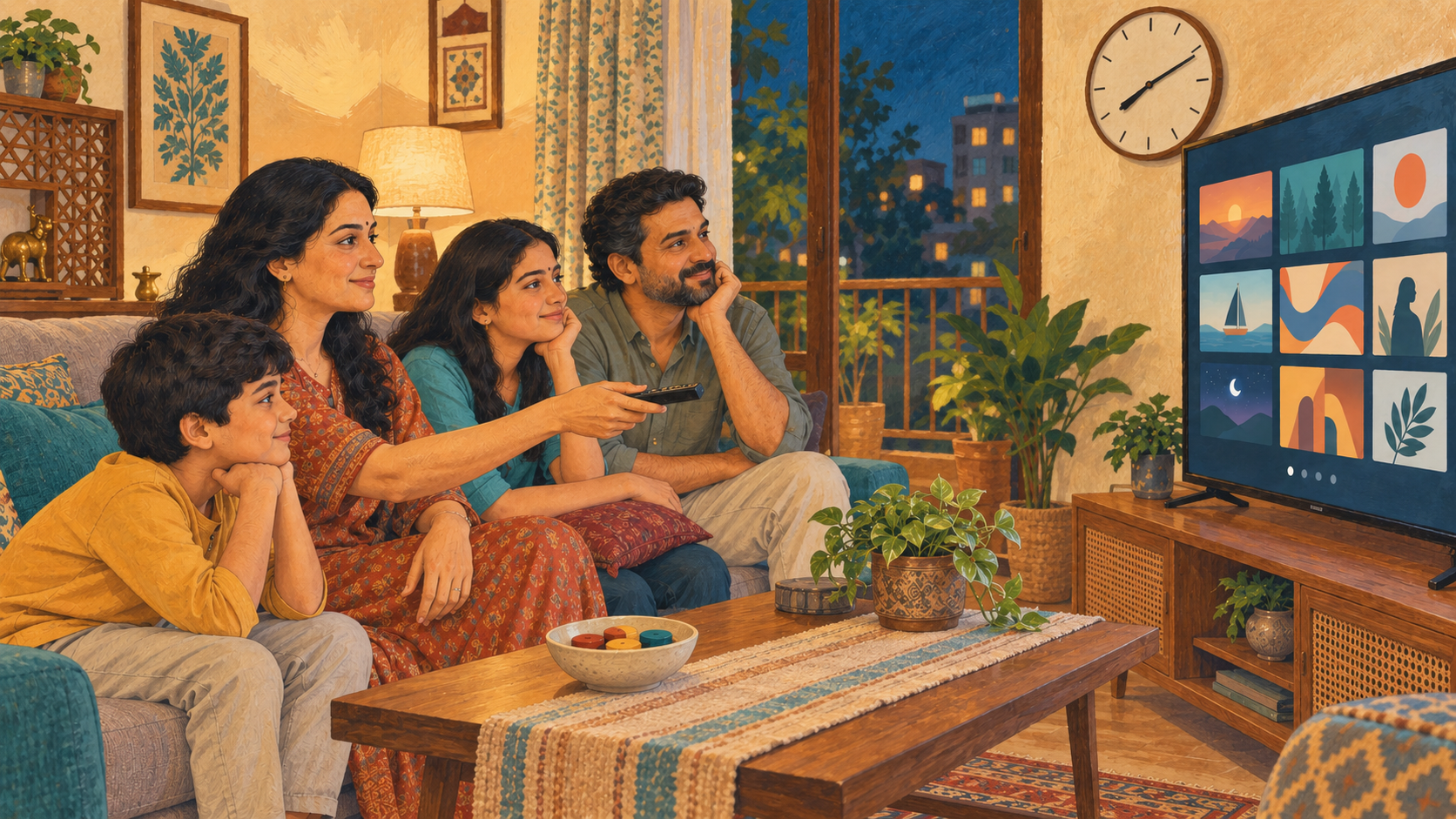 Parents and children choose a program together in a living room, with a remote, colored wooden tokens, and an analog clock nearby.