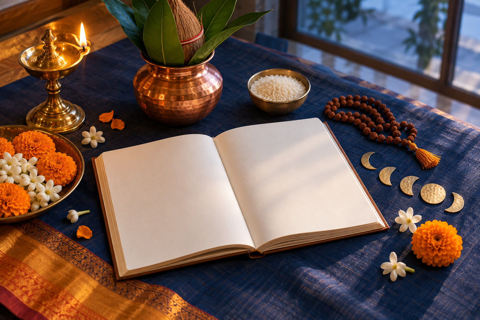 A blank monthly planner surrounded by a brass oil lamp, copper vessel, flowers, prayer beads, rice, and decorative moon phases on an indigo cloth.