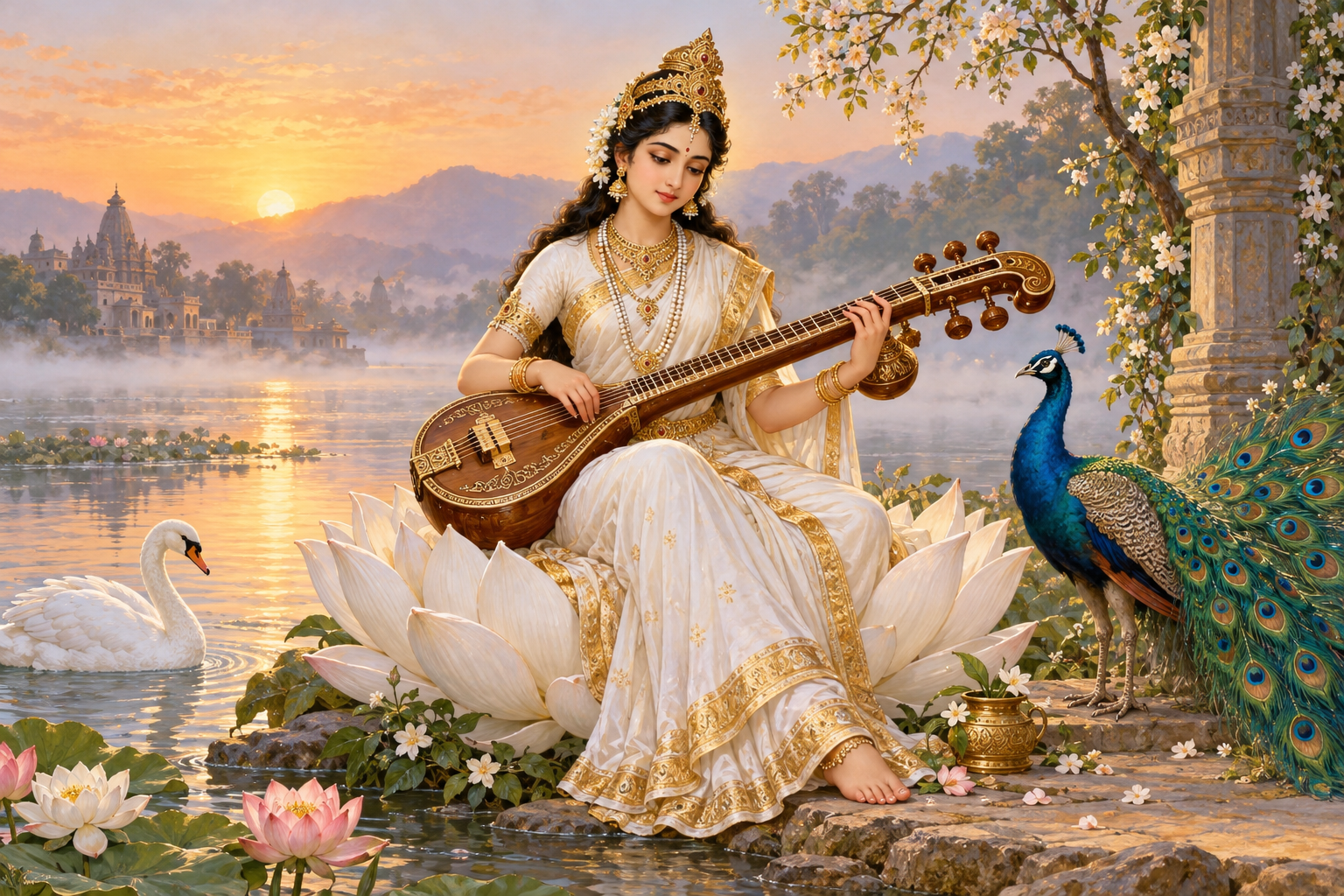 Saraswati sits on a white lotus playing a veena, with a swan by the river and a peacock standing beside her.