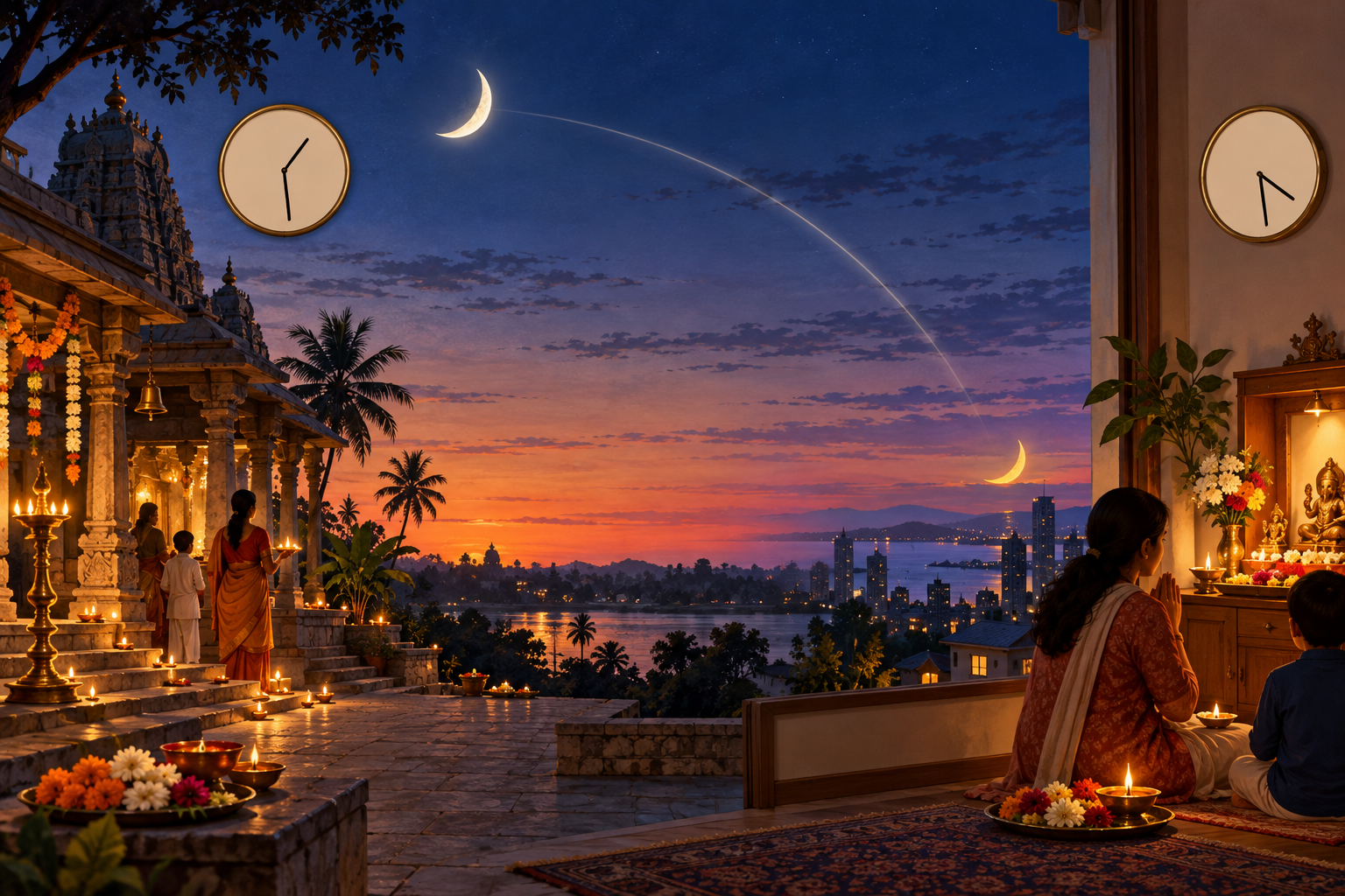 An illustration of an Indian temple and an overseas home shrine under the same moon at different points in twilight.