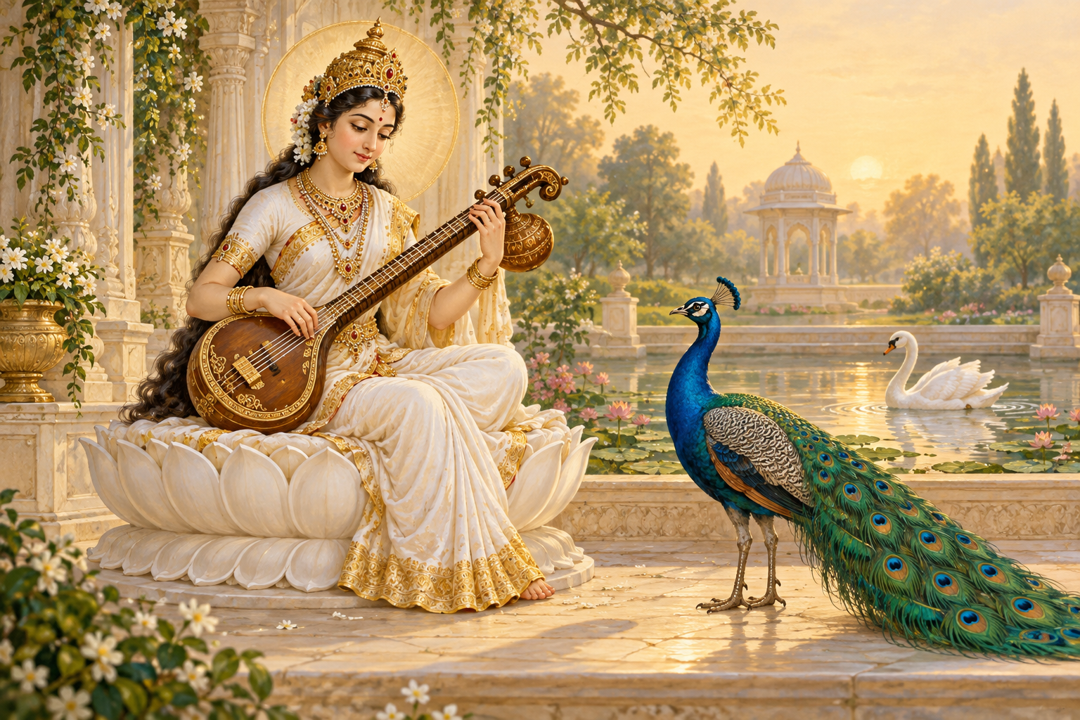 A peacock stands on the ground beside Saraswati's lotus seat while a swan glides on the water behind them.