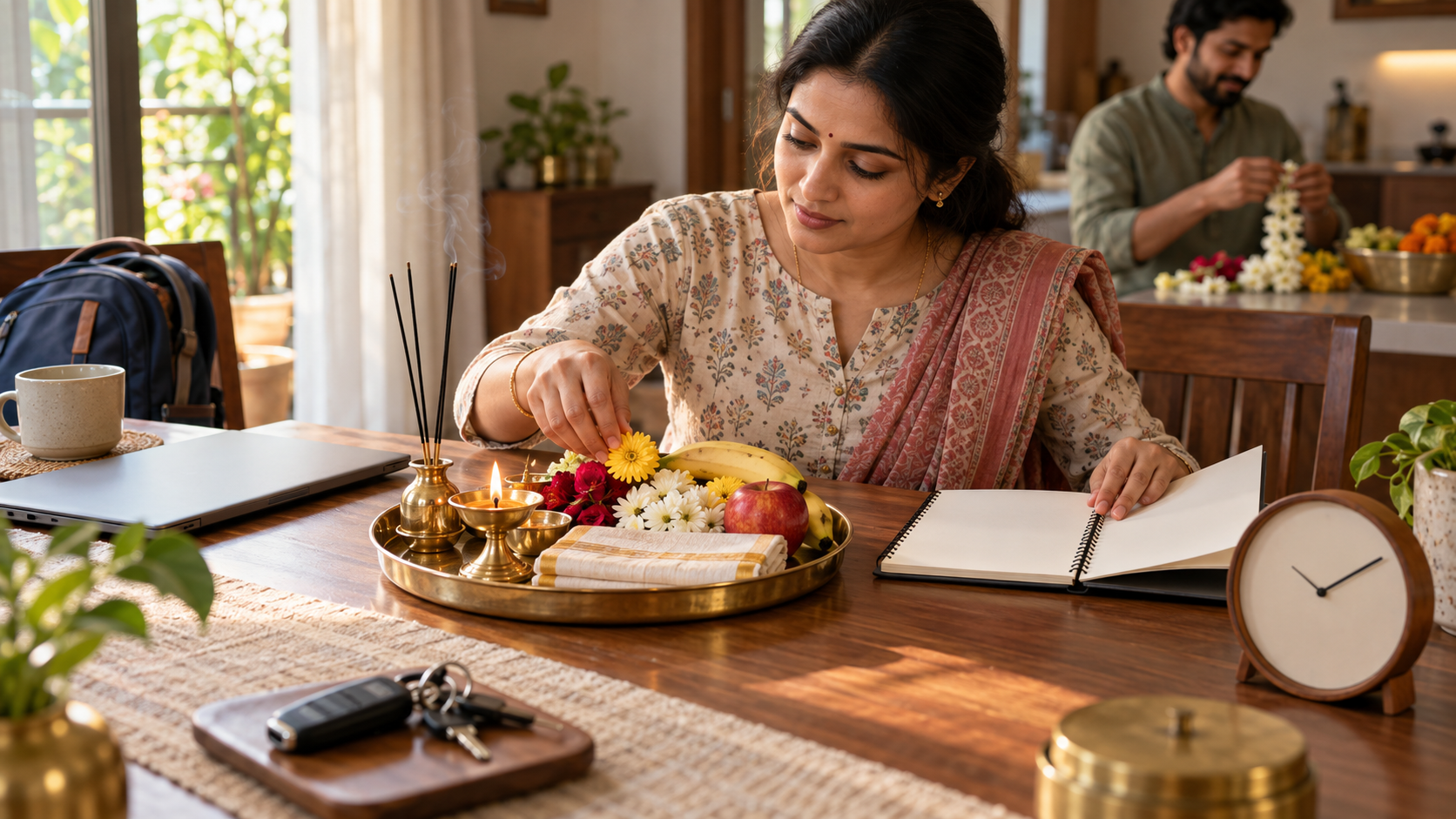 An adult plans a home observance while arranging flowers, fruit, and a lamp beside a blank planner, laptop, backpack, keys, and clock.